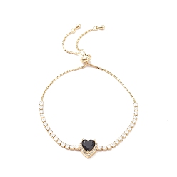 Black Cubic Zirconia Heart Link Silder Bracelet with Crystal Rhinestone, Real 18K Gold Plated Brass Jewelry for Women, Black, 10-5/8 inch(27cm)