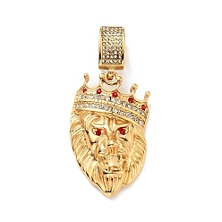 Golden Ion Plating(IP) 304 Stainless Steel Pendants, with Rhinestone, Lion with Crown, Golden, 44.5x27x11mm, Hole: 13x8.5mm
