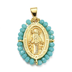 Medium Turquoise Brass with Glass Pendants, Cadmium Free & Lead Free, Real 18K Gold Plated, Oval with Virgin Mary Pattern, Medium Turquoise, 25~26x19~19.5x3~3.5mm, Hole: 3x3.5mm