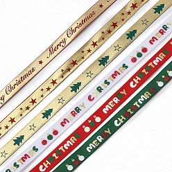 Mixed Color 6 Rolls 6 Styles Christmas Hot Stamping Polyester Ribbons, Including Satin Ribbons and Grosgrain Ribbons for Crafts, Gift Package, Flat, Mixed Color, 3/8 inch(10mm), about 5.47 Yards(5m)/Set, 1 roll/style