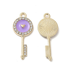 Лиловый Подвески из эмали и сплава, с кристально горный хрусталь, ключи с сердечками, золотые, сирень, 31x12.5x2 мм, отверстие : 1.8 мм