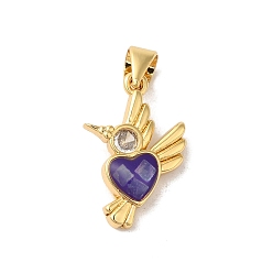 Фиолетовый Стойки обшивки латунь кубического циркония подвески, с эмалью и ракушкой, долговечный, без свинца и без кадмия, реальный 18 k позолоченный, птица с сердцем, фиолетовые, 18x12x3 мм, отверстие : 5x4 мм