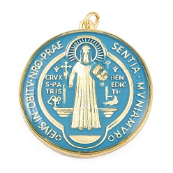 Темно-Голубой Латунь эмаль подвески, плоский круглый с подвесками Святого Бенедикта, долговечный, стойки покрытие, без свинца и без кадмия, реальный 18 k позолоченный, глубокое синее небо, 38x35x5 мм, Перейти кольцо: 5x1 мм, внутренний диаметр: 3 мм