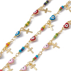Colorful Enamel Heart with Evil Eye Link Chains, with Glass Beaded and Brass Cross Charms, Real 18K Gold Plated, Soldered, Long-Lasting Plated, with Spools, Colorful, 10x5x3.5mm, 14x3mm