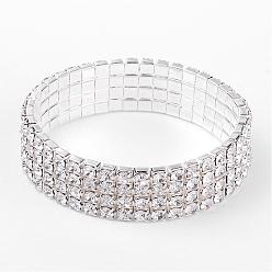 Clear 4 Row stretch Rhinestone Bracelet, Brass, Silver Color Plated,  about 15mm wide, 5cm inner diameter