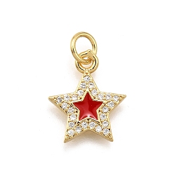 Красный Латунные микро проложить кубического циркония подвески, звезда, с эмалью, стойки покрытие, долговечный, без свинца и без кадмия, с целью перехода в кольце, красные, 14.5x12x1.8 мм, отверстие : 3 мм