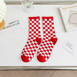 Crimson Polyester Knitting Socks, Tartan Pattern Crew Socks, Winter Warm Thermal Socks, Crimson, 350x130x7mm