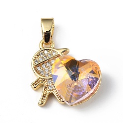 PeachPuff Real 18K Gold Plated Rack Plating Brass Micro Pave Clear Cubic Zirconia Pendants, with Glass, Long-Lasting Plated, Cadmium Free & Lead Free, Boy with Heart Charm, PeachPuff, 19.5x18x7.5mm, Hole: 5.5x3.5mm