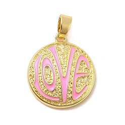 Pink Латунь эмаль подвески, плоские круглые прелести, без свинца и без кадмия, долговечный, стойки покрытие, реальный 18 k позолоченный, розовые, 22.5x20x4.5 мм, отверстие : 3.5x6 мм