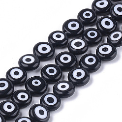 Black Handmade Evil Eye Lampwork Beads Strands, Flat Round, Black, 9.5x3.5mm, Hole: 1.2mm, about 38pcs/strand, 14.1 inch~14.5 inch