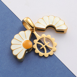 Pisces Opened 304 Stainless Steel Pendants, with Enamel, Real 18K Gold Plated, Daisy with Twelve Constellation, Pisces, 36x25x6mm