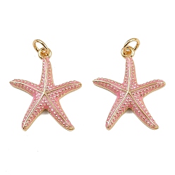 Pink Латунь эмаль подвески, с целью перехода в кольце, очарование морской звезды, реальный 18 k позолоченный, стойки покрытие, без свинца и без кадмия, долговечный, розовые, 21.5x18x2.5 мм, отверстие : 3 мм