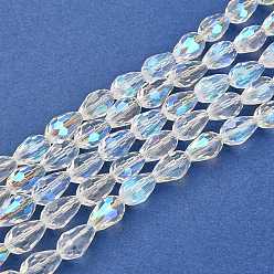 Clear AB Electroplate Glass Bead Strands, AB Color Plated, Faceted, teardrop, Clear AB, 12x8mm, Hole: 1mm, about 58pcs/strand, 28.3 inch