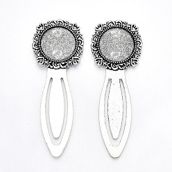 Antique Silver 20mm Tray Bookmark Cabochon Settings, Iron with Alloy Flat Round Tray, Cadmium Free & Lead Free,78x29x3mm, Antique Silver, 78x29x3mm