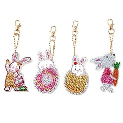 Mixed Color Easter Rabbit DIY Diamond Painting Keychain Kit, Including Acrylic Board, Keychain Clasp, Bead Chain, Resin Rhinestones Bag, Diamond Sticky Pen, Tray Plate and Glue Clay, Mixed Color, 145x50mm, 4pcs/set