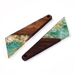 Light Sea Green Transparent Resin & Walnut Wood Pendants, with Gold Foil, Quadrilateral Charms, Light Sea Green, 49x13x3.5mm, Hole: 2mm