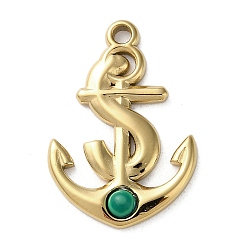 Malachite Vacuum Plating 316 Stainless Steel Pendants, with Synthetic Malachite, Anchor, Real 18K Gold Plated, 23x15.5x3mm, Hole: 1.8mm