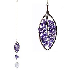 Leaf Glass Horse Eye Pendant Decorations, Natural Amethyst Chips Tree of Life Hanging Suncatchers, with Metal Findings, for Home, Car Interior Ornaments, Leaf, 365x28mm