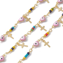 Pearl Pink Enamel Heart with Evil Eye Link Chains, with Glass Beaded and Brass Cross Charms, Real 18K Gold Plated, Soldered, Long-Lasting Plated, with Spools, Pearl Pink, 10x5x3.5mm, 14x3mm