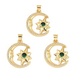 Real 18K Gold Plated Rack Plating Brass Micro Pave Cubic Zirconia Pendants, Long-Lasting Plated, Cadmium Free & Lead Free, Moon with Star Charms, Real 18K Gold Plated, 23.5x19.5x3.5mm, Hole: 3x3.5mm