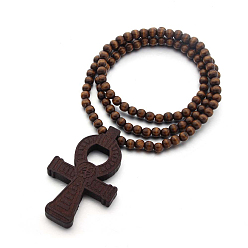 Brown Wood Ankh Cross Pendant Necklace with Round Beaded for Men Women, Brown, 35.43 inch(90cm)