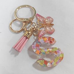 Letter S Acrylic and Resin Keychain, with Tassel, Alloy Rings, Butterfly, 10.02cm, Pendant: 23~43mm