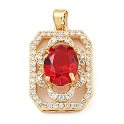Red Brass Micro Pave Clear Cubic Zirconia Pendants, with Glass, Rectangle, Red, 22.5x15x8mm, Hole: 4x2.5mm