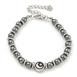 Луна 304 Женские браслеты из нержавеющей стали и синтетического немагнитного гематита с круглыми бусинами, луна, 6-7/8 дюйм (17.5 см)