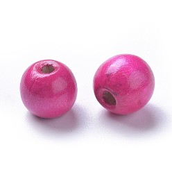 Deep Pink Dyed Natural Wood Beads, Round, Lead Free, Deep Pink, 12x11mm, Hole: 4mm, about 1800pcs/1000g