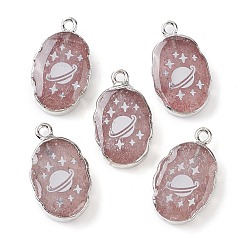 Strawberry Quartz Natural Strawberry Quartz Oval Pendants, Platinum Plated Brass Oval Charms with Planet, 22~22.5x13~13.5x4.5mm, Hole: 1.6~1.8mm