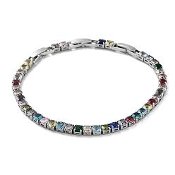 Platinum Colorful Glass Tennis Bracelet, Brass Link Chain Bracelets, Long-Lasting Plated, Platinum, 6-7/8 inch(17.5cm)