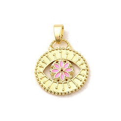 Pink Латунь эмаль подвески, плоский круглый с цветными чарами, реальный 18 k позолоченный, без свинца и без кадмия, долговечный, стойки покрытие, розовые, 20.5x20x3 мм, отверстие : 3x5.5 мм