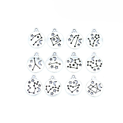 Antique Silver Tibetan Style Alloy Pendants, Flat Round with Twelve Constellation, Antique Silver, 17x14mm, Hole: 1.5mm, 12pcs/set