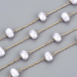 Creamy White Handmade ABS Plastic Imitation Pearl Beads Chains, for Necklaces Bracelets Making, with Brass Paperclip Chains, Long-Lasting Plated, Soldered, Light Gold, Creamy White, Link: 3x1x0.4mm, Oval: 1/4x1/4x1/8(5.5x7.5x4.5mm)