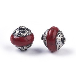 Темно-Красный Бусины тибетского стиля , с латунным, синтетические бирюзовые, двухконусные, античное серебро, темно-красный, 13.7x14.3 мм, отверстие : 1.2 мм