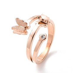 Rose Gold Crystal Rhinestone Butterfly Finger Ring, Ion Plating(IP) 304 Stainless Steel Jewelry for Women, Rose Gold, US Size 6~9(16.5~18.9mm)