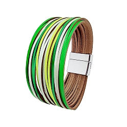 Lime Green PU Leather Multi-strand Bracelets, with Magnetic Clasps, Lime Green, 8-1/8 inch(20.5cm)