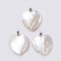 Platinum Shell Pendants, with Brass Finding, Heart, Platinum, 33~33.5x31x6~9mm, Hole: 4x7mm