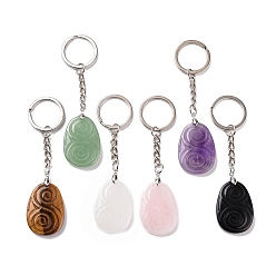 Mixed Material Natural Gemstone Teardrop with Spiral Pendant Keychain, with Brass Split Key Rings, 9.5cm
