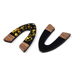 Black Opaque Resin & Walnut Wood Pendants, Arch Shape Charms with Paillettes, Black, 38x29x3mm, Hole: 2mm