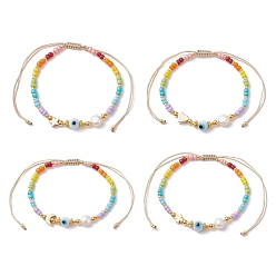 Mixed Shapes Colorful Glass Seed & Brass Braided Bead Bracelet, Mixed Shapes, Inner Diameter: 1-7/8~3-1/4 inch(4.8~8.4cm)