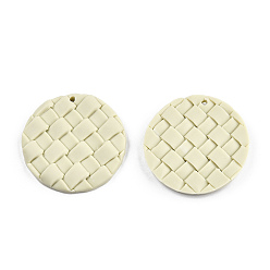 Lemon Chiffon Handmade Polymer Clay Pendants, Flat Round with Tartan Pattern, Lemon Chiffon, 37~38x4~5.5mm, Hole: 1.8mm