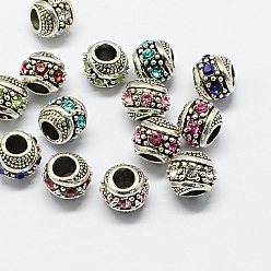 Mixed Color Alloy Rhinestone European Beads, Rondelle Large Hole Beads, Antique Silver, Mixed Color, 11x10mm, Hole: 5mm