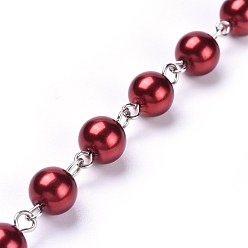 Dark Red Handmade Dyed Glass Pearl Beaded Chains, Unwelded, with Iron Eye Pin, Platinum, Dark Red, 39.37 inch, 1m/strand