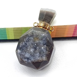 Gray Plated Electroplated Natural Druzy Agate Openable Perfume Bottle Pendants, with Golden Tone Brass Findings, Bottle Charm, Gray Plated, 40x20mm