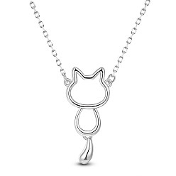 Platinum SHEGRACE Rhodium Plated 925 Sterling Silver Pendant Necklaces, with Spring Ring Clasp, Cat Shape, Platinum, 15.8 inch(40cm)