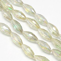 Yellow Green Electroplate Crystal Glass Rice Beads Strands, Faceted, Rainbow Color Plated, Yellow Green, 19x8mm, Hole: 1mm, about 40pcs/strand, 29.1 inch