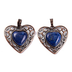 Lapis Lazuli Natural Lapis Lazuli Dyed Peach Love Heart Pendants, Rack Plating Brass Hollow Heart Charms, Cadmium Free & Lead Free, Red Copper, 29.5x30.5x7.5mm, Hole: 7.5x5mm