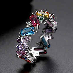 Platinum Colorful Cubic Zirconia Rectangle Finger Ring, Brass Finger Ring, Platinum, US Size 9(18.9mm)