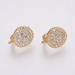Golden Brass Micro Pave Cubic Zirconia Hoop Earring Findings with Latch Back Closure, Flat Round, Clear, Golden, 16x12x13mm, Hole: 1.2mm, Pin: 1.2mm